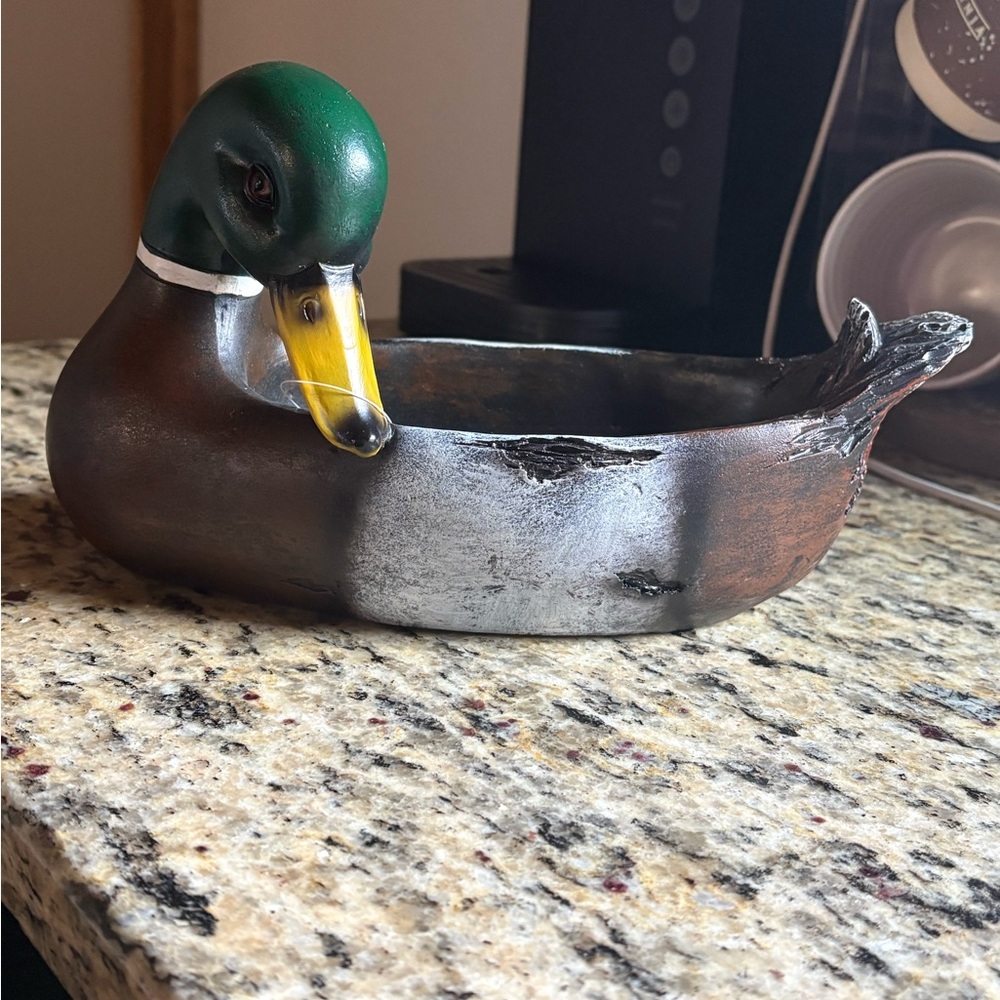 Hand-Painted Duck Figurine Bowl in Green, Yellow & Brown